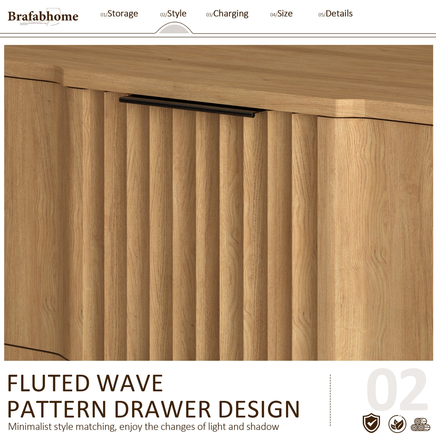 rafabhome Curved Profile Fluted Nightstand with Charging Station, Modern Large Nightstands with Drawer, Wood Bedside Table with Open Shelf for Bedroom Living Room Home Office