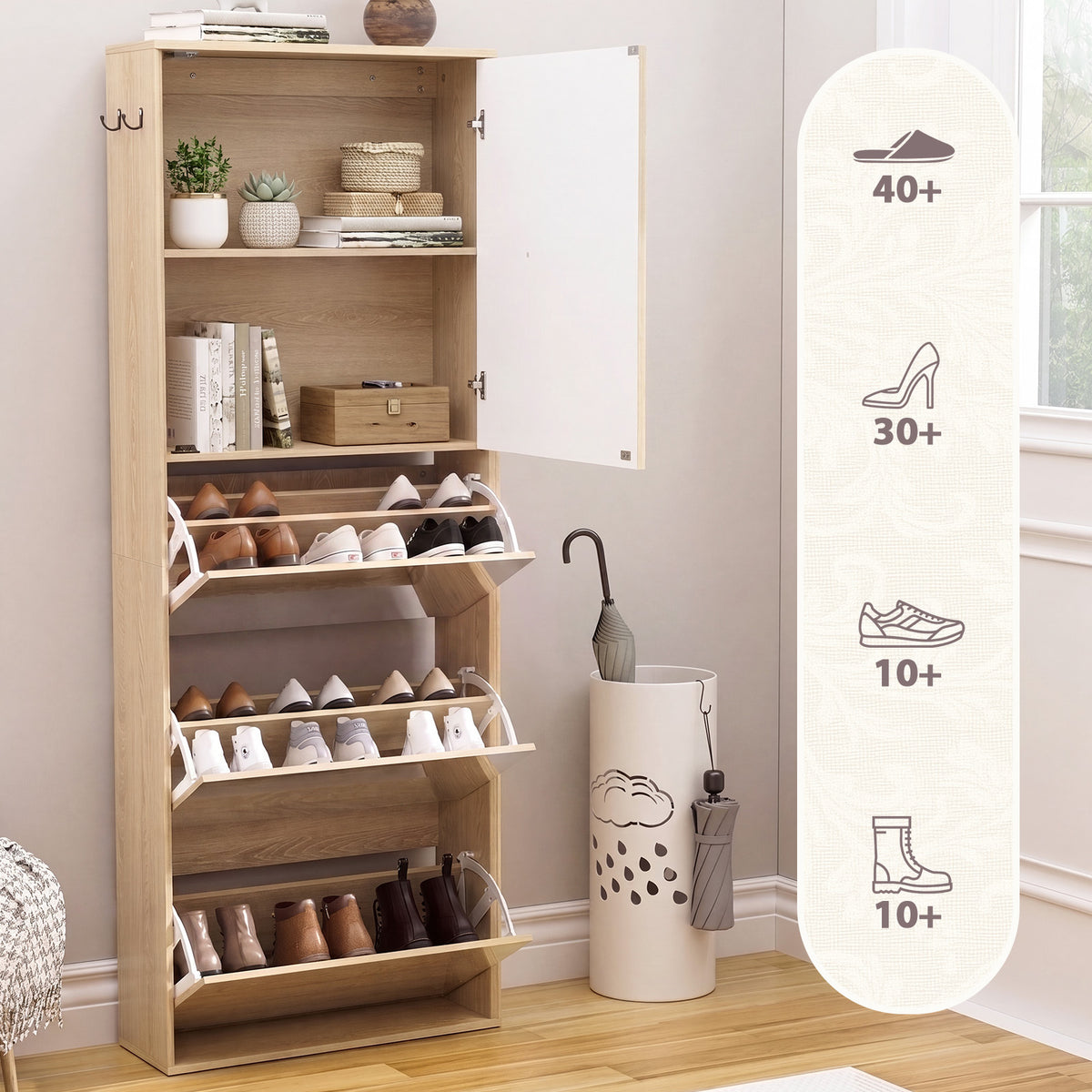 Brafabhome Mirror Shoe Cabinet with 3 Flip Doors and Cabinet, 20-Pairs Shoe Organizer Cabinet for Hallway, Modern Entryway Shoe Storage for Slippers Sneakers | Nature