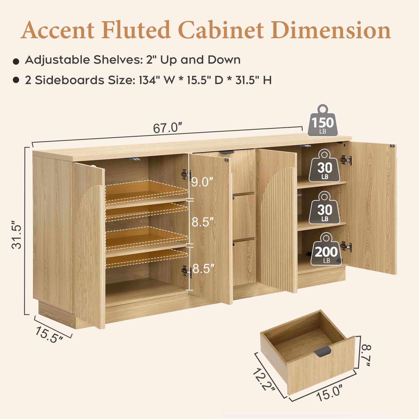 Brafabhome 67" Fluted Sideboard Buffet Cabinet with 3 Drawers, Modern Credenza Storage Cabinet with Arched Reeded Design Doors & Adjustable Shelves