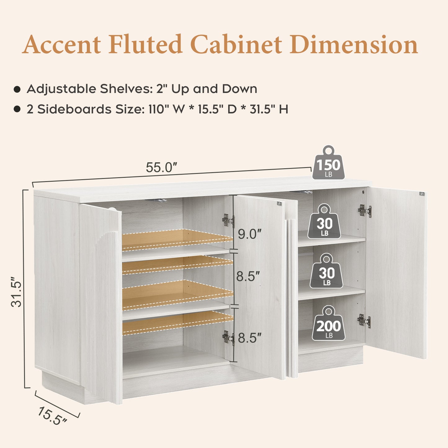 Brafabhome Accent Sideboards Buffet Cabinet with Arched Reeded Design Door, Modern Credenza Storage Cabinet with Adjustable & Removable Shelves for Living Room Bedroom Dinning Room