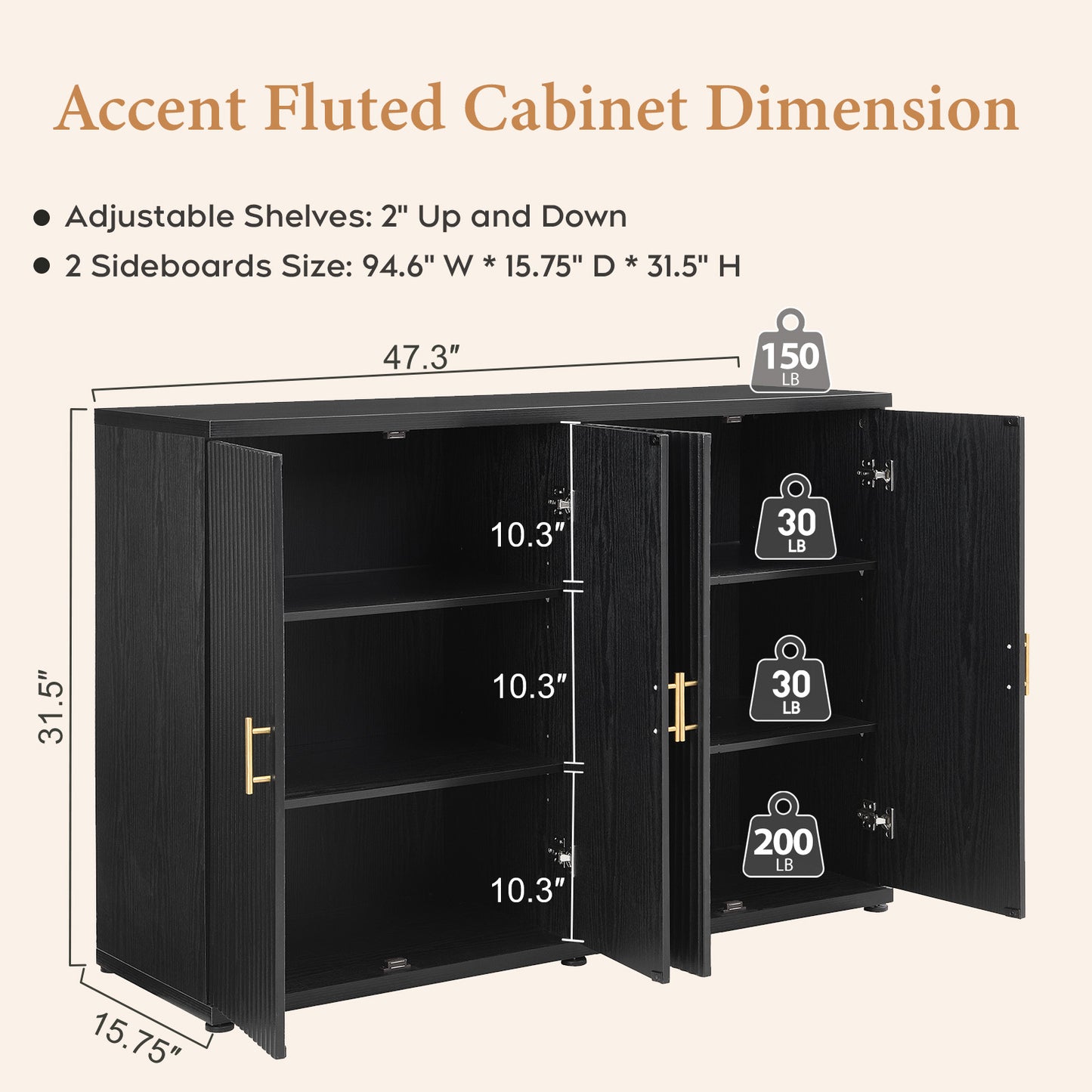 Brafabhome Accent Fluted Sideboard Buffet Cabinet with 4 Doors, Modern Credenza Storage Cabinet with Adjustable & Removable Shelves for Living Room Dinning Room Entryway
