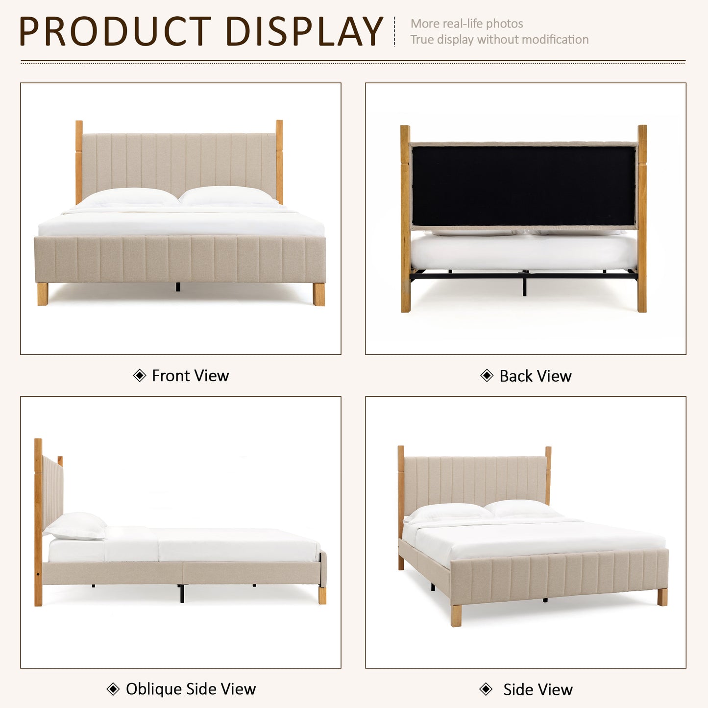 Brafabhome Bed Frame with Upholstered Headboard, Modern Wood Bed Frame with Solid Wood Posts, No Box Spring Needed, Beige Linen