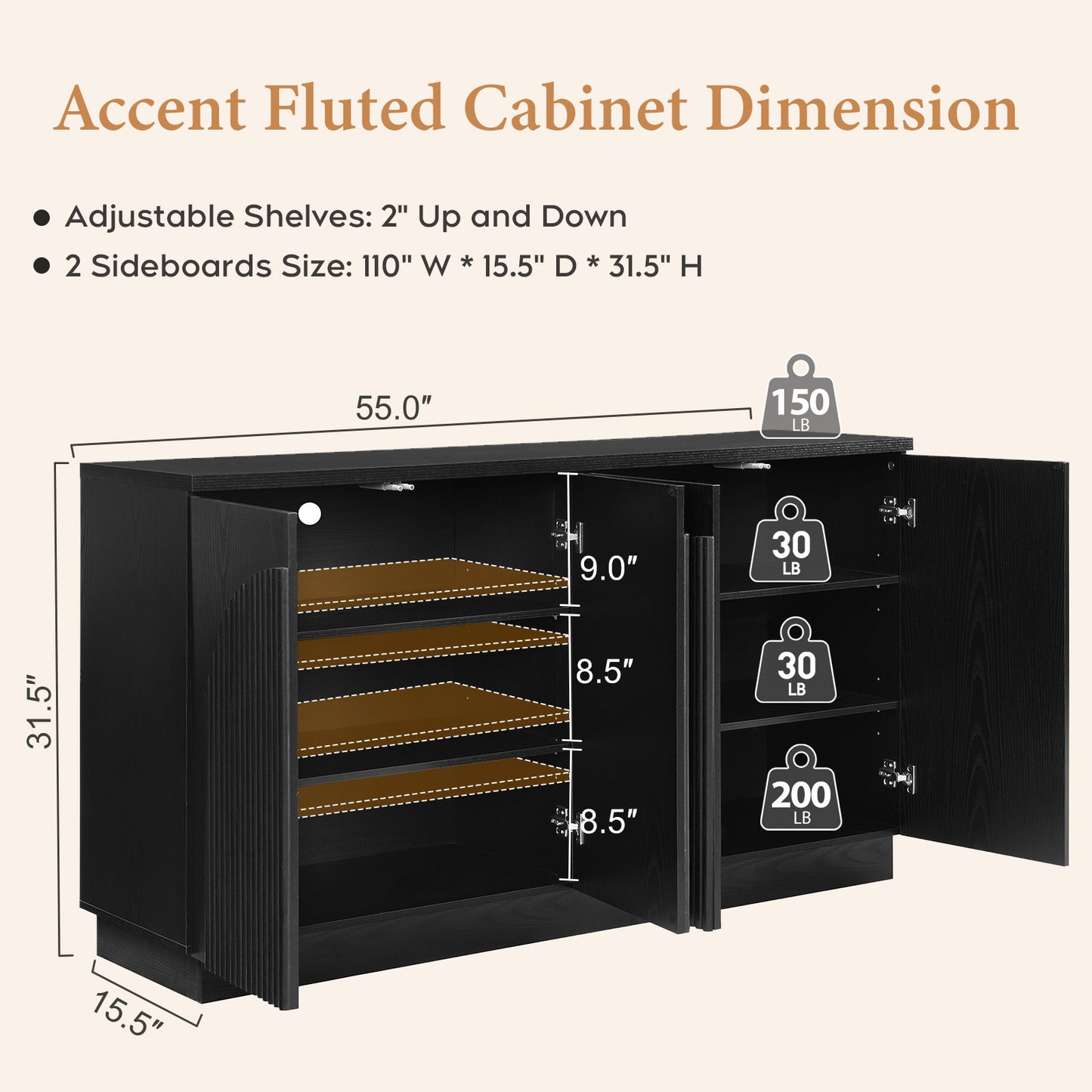 Brafabhome Accent Sideboards Buffet Cabinet with Arched Reeded Design Door, Modern Credenza Storage Cabinet with Adjustable & Removable Shelves for Living Room Bedroom Dinning Room