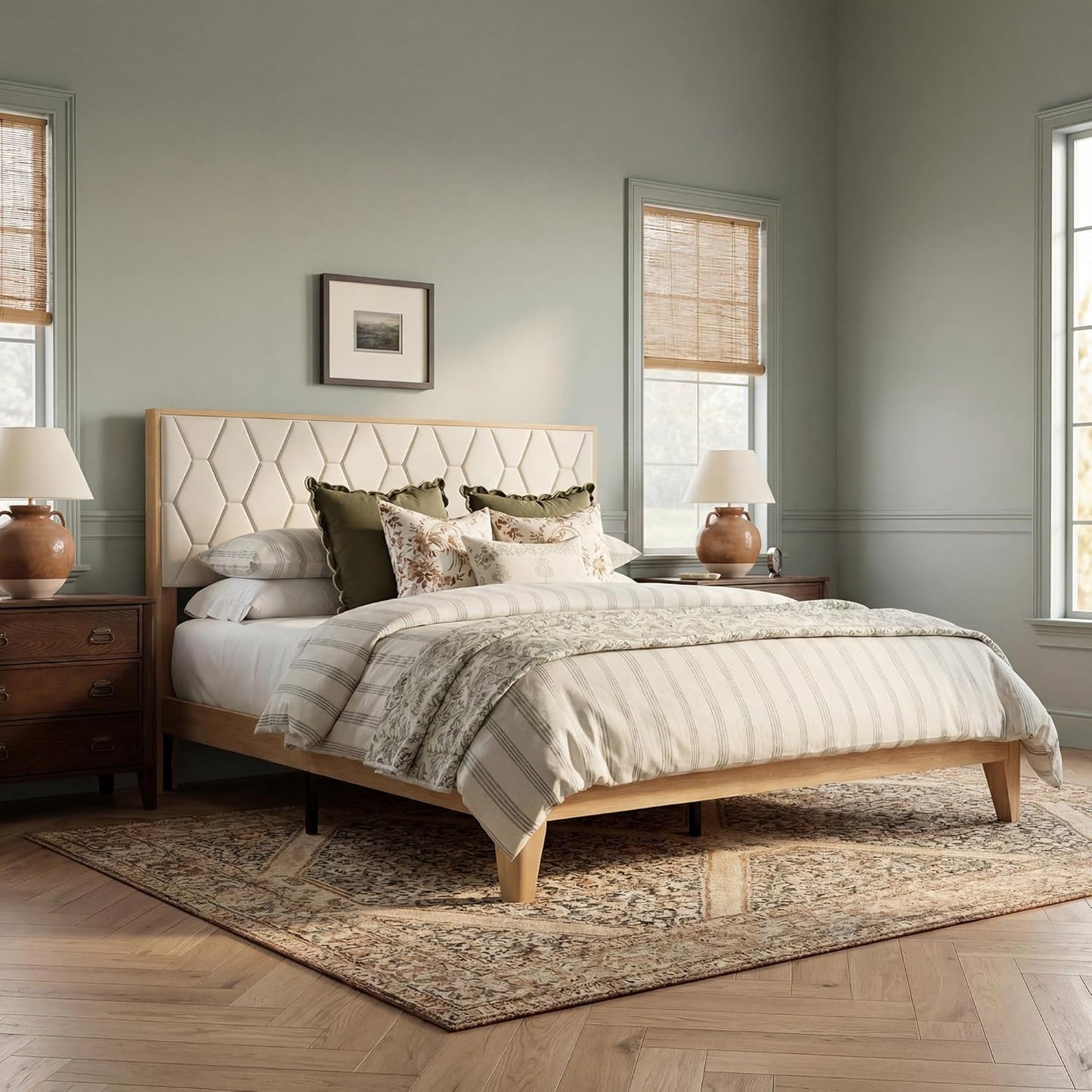 Brafabhome Bed Frame with Velvet Upholstered Headboard, Wood Platform Bed with Under-Bed Storage, No Box Spring Needed