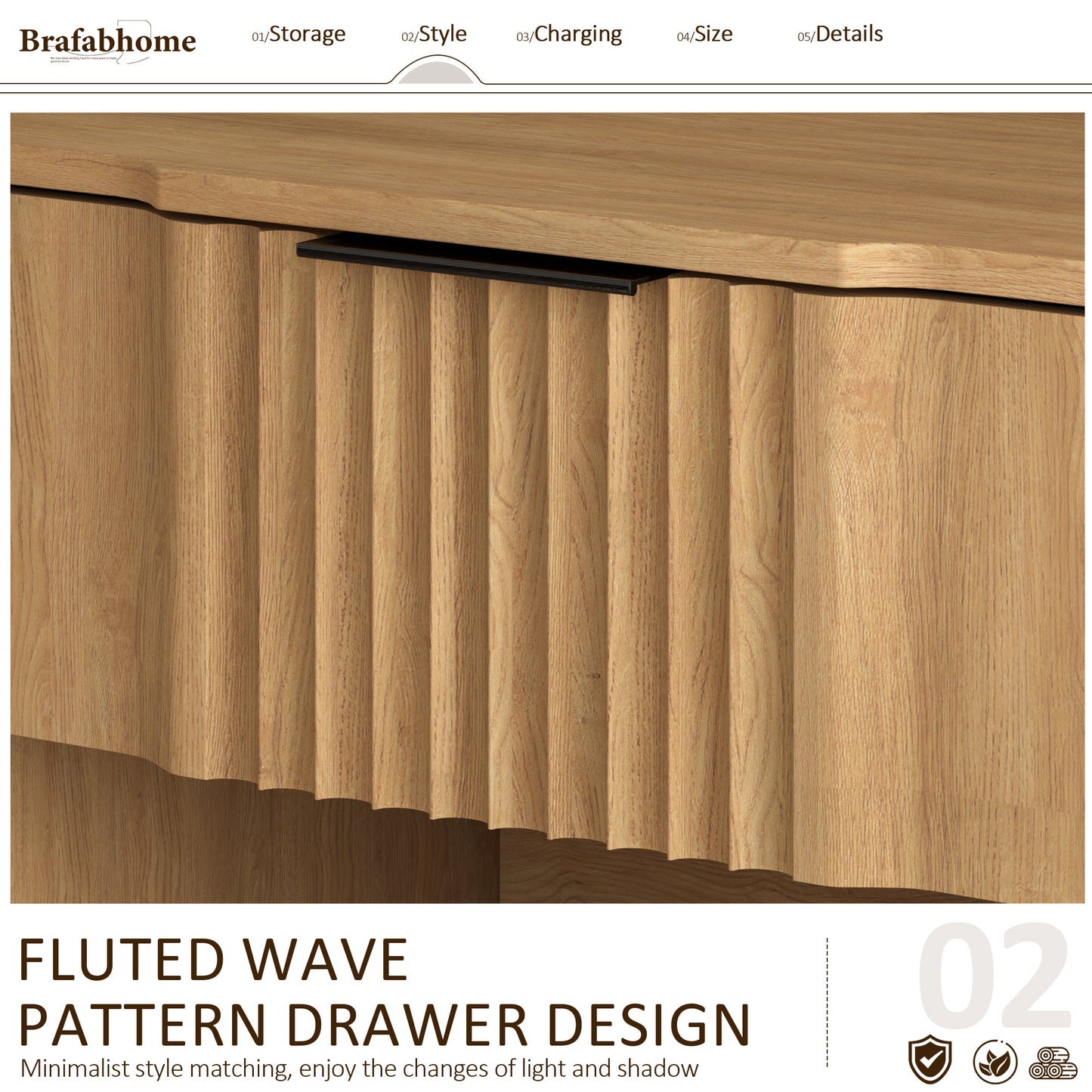 rafabhome Curved Profile Fluted Nightstand with Charging Station, Modern Large Nightstands with Drawer, Wood Bedside Table with Open Shelf for Bedroom Living Room Home Office