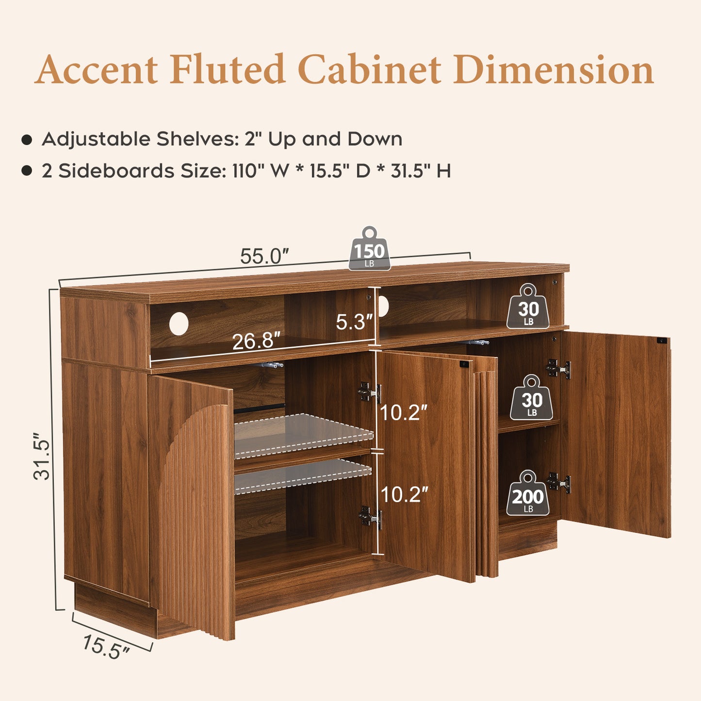 Brafabhome 55" Fluted Sideboard Buffet Cabinet with Arched Reeded Doors, Modern Credenza Storage Cabinet with Open Storage & Adjustable Shelves for Living Room & Dinning Room
