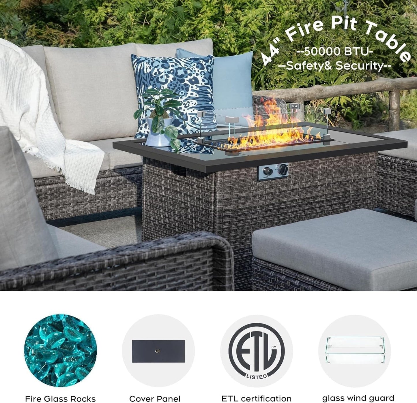 Brafab Patio Furniture Sets with Swivel Chairs and Fire Pit Table Outdoor Conversation Set for Garden