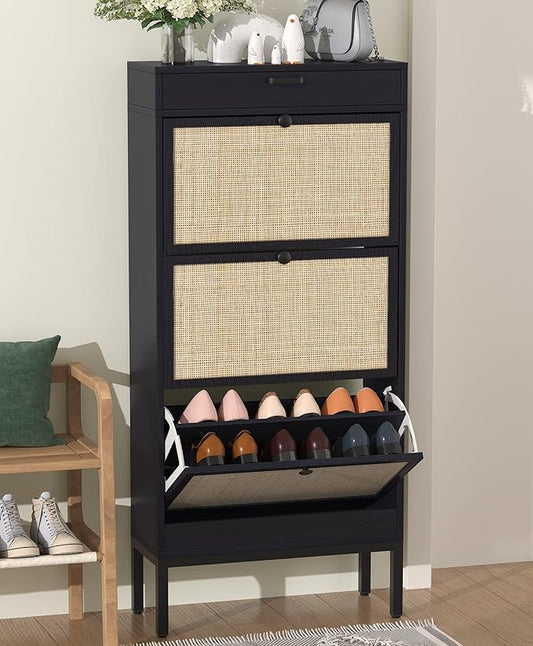 Brafabhome Shoe Rack Storage Organizer with 3 Flip Doors, Entryway Wooden Shoe Cabinet for Sneakers, Leather Shoes, High Heels, Slippers