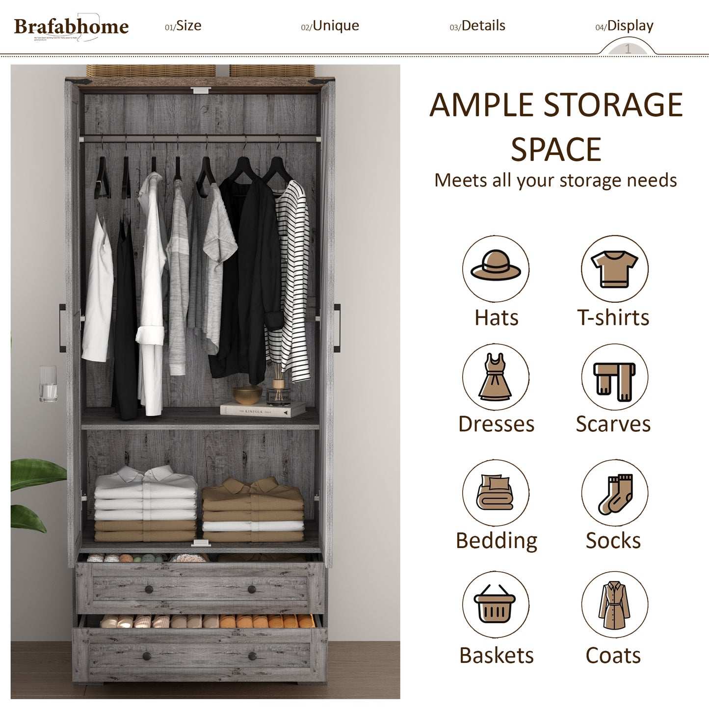 Brafabhome Farmhouse Wood Armoire Wardrobe Closet with 2 Doors, 71" Tall Freestanding Wardrobe Clothes Cabinet with Drawers and Hanging Rod for Bedroom