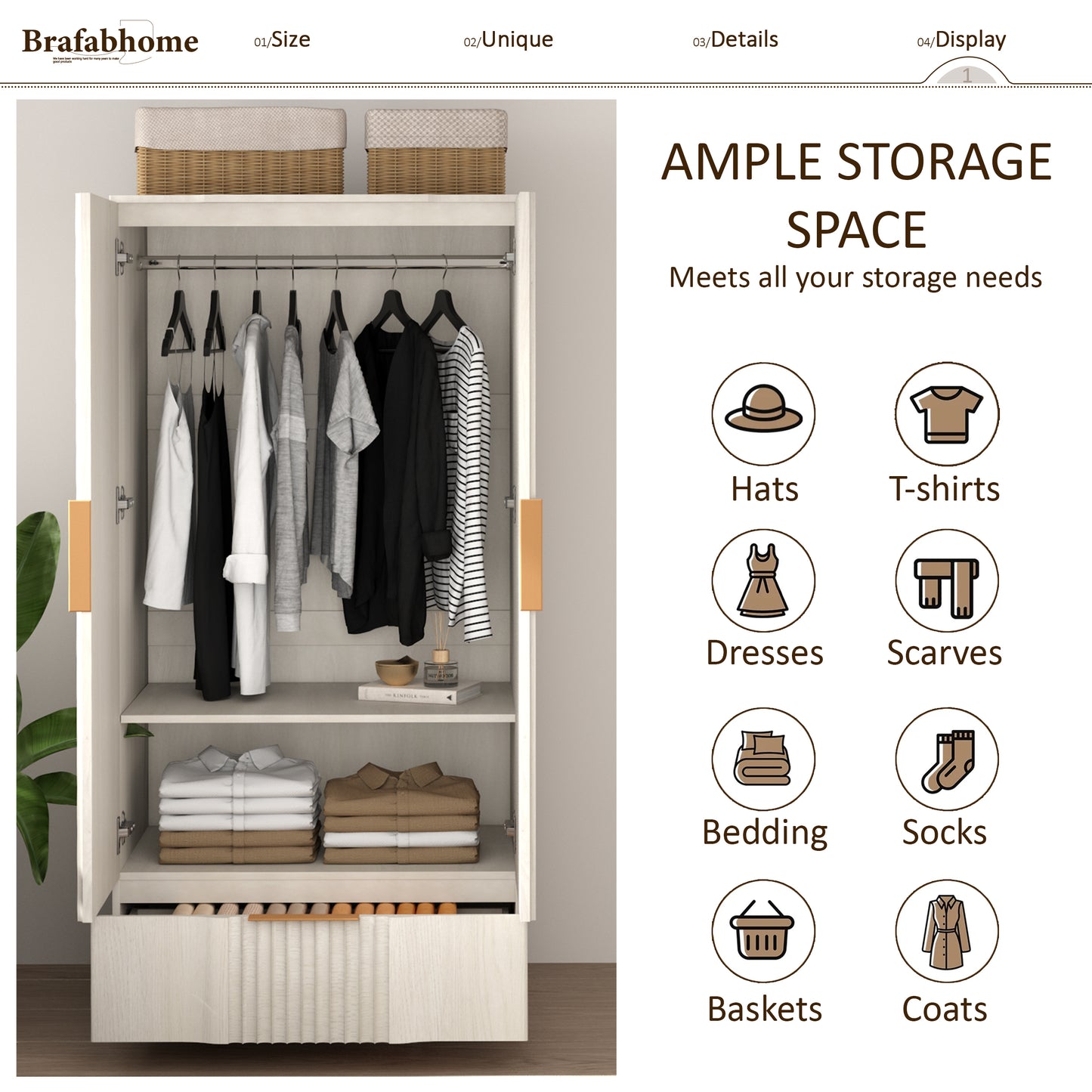 Brafabhome 64" Fluted Armoire Wardrobe Closet with Drawer, Wooden Fluted Doors Wardrobe Cabinet with Adjustable Shelf for Bedroom