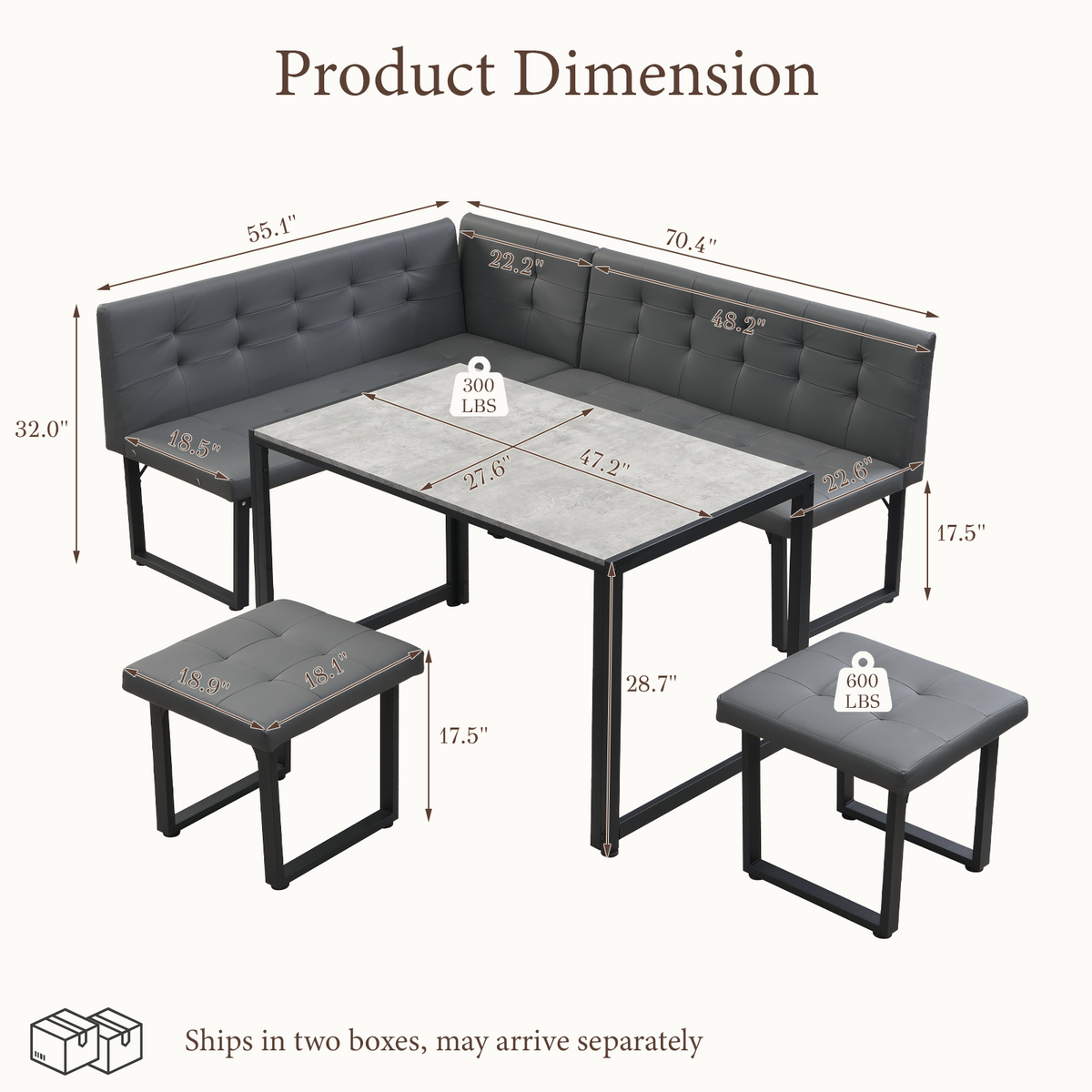 Brafabhome 5 Piece 70 Inch Corner Dining Table Set, Modern L-Shaped Breakfast Nook with Upholstered Banquette, Kitchen Table with Storage for 6, Easy Assembly | Gray