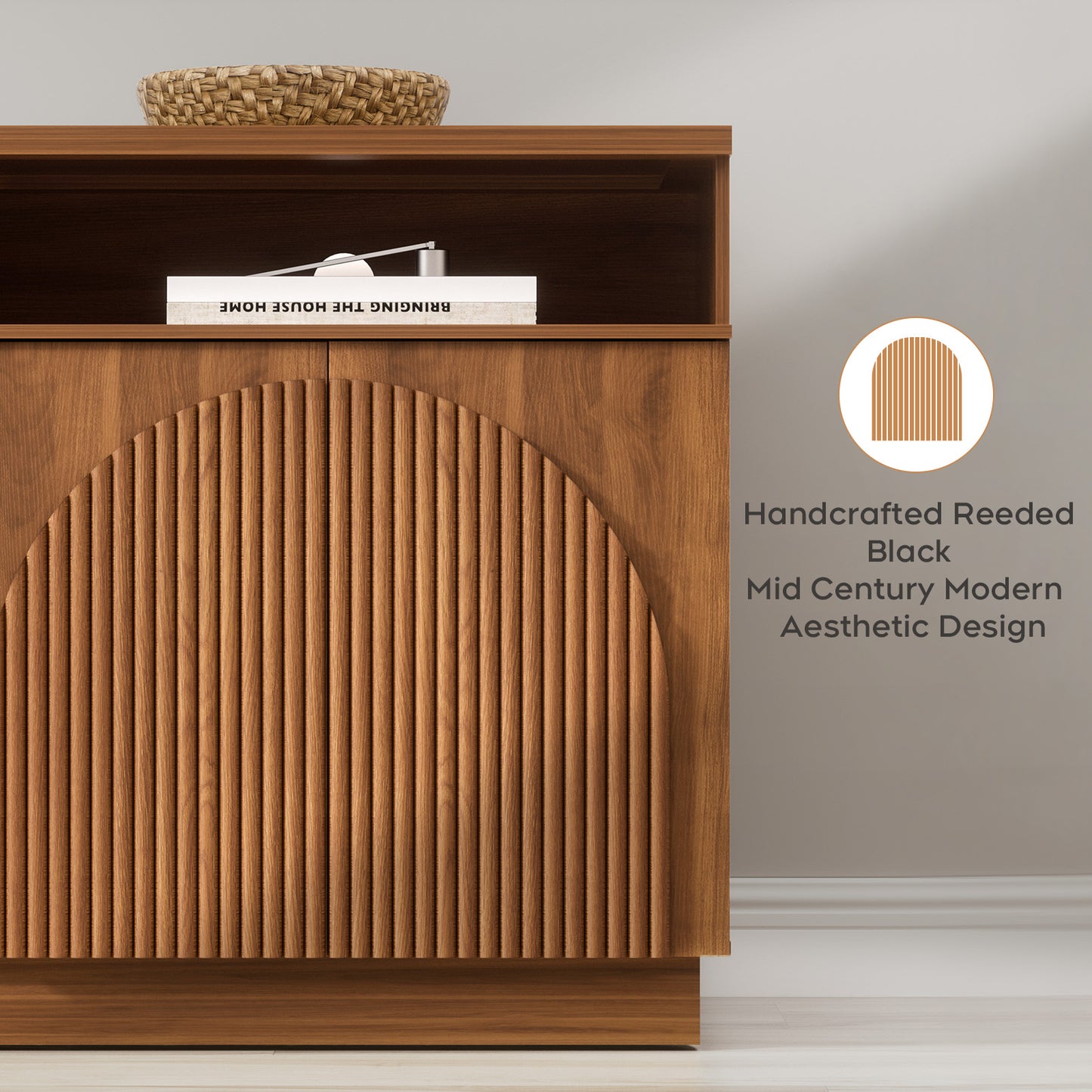 Brafabhome 55" Fluted Sideboard Buffet Cabinet with Arched Reeded Doors, Modern Credenza Storage Cabinet with Open Storage & Adjustable Shelves for Living Room & Dinning Room