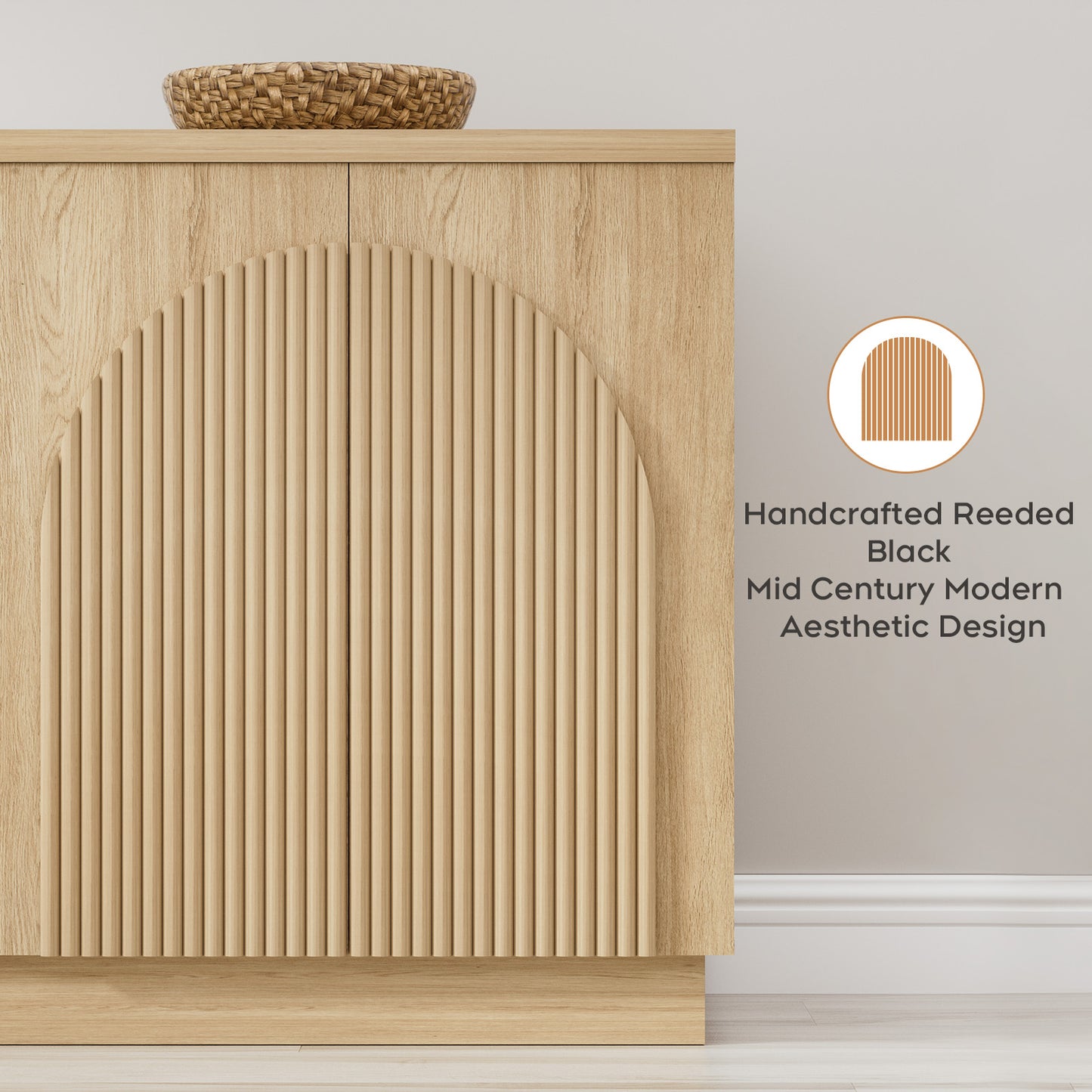 Brafabhome 67" Fluted Sideboard Buffet Cabinet with 3 Drawers, Modern Credenza Storage Cabinet with Arched Reeded Design Doors & Adjustable Shelves
