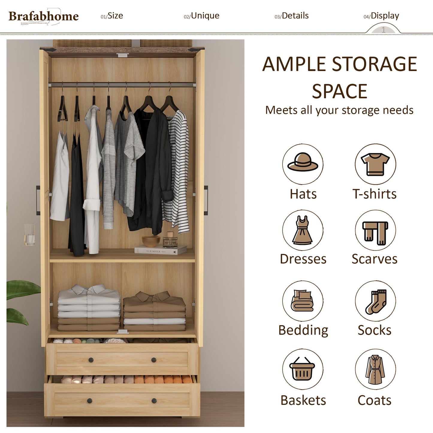 Brafabhome Farmhouse Wood Armoire Wardrobe Closet with 2 Doors, 71" Tall Freestanding Wardrobe Clothes Cabinet with Drawers and Hanging Rod for Bedroom