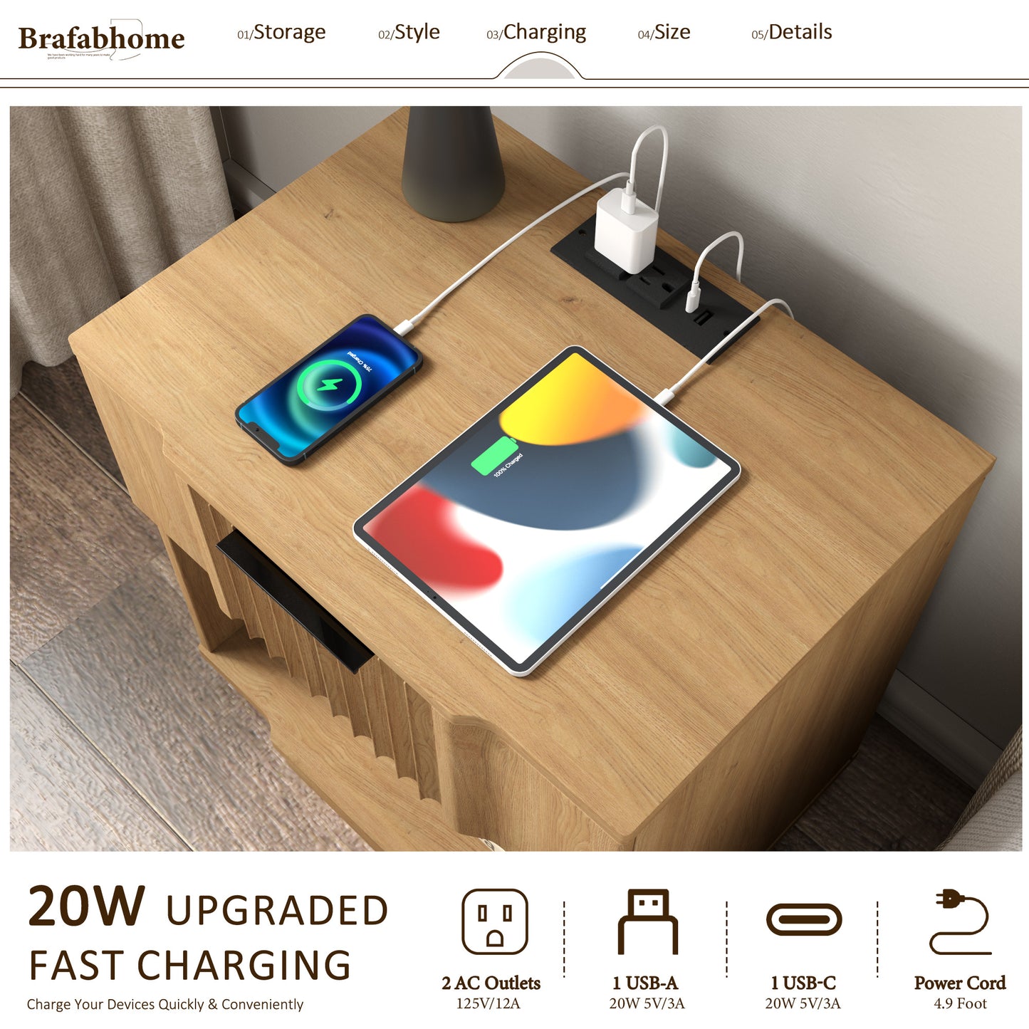 rafabhome Curved Profile Fluted Nightstand with Charging Station, Modern Large Nightstands with Drawer, Wood Bedside Table with Open Shelf for Bedroom Living Room Home Office