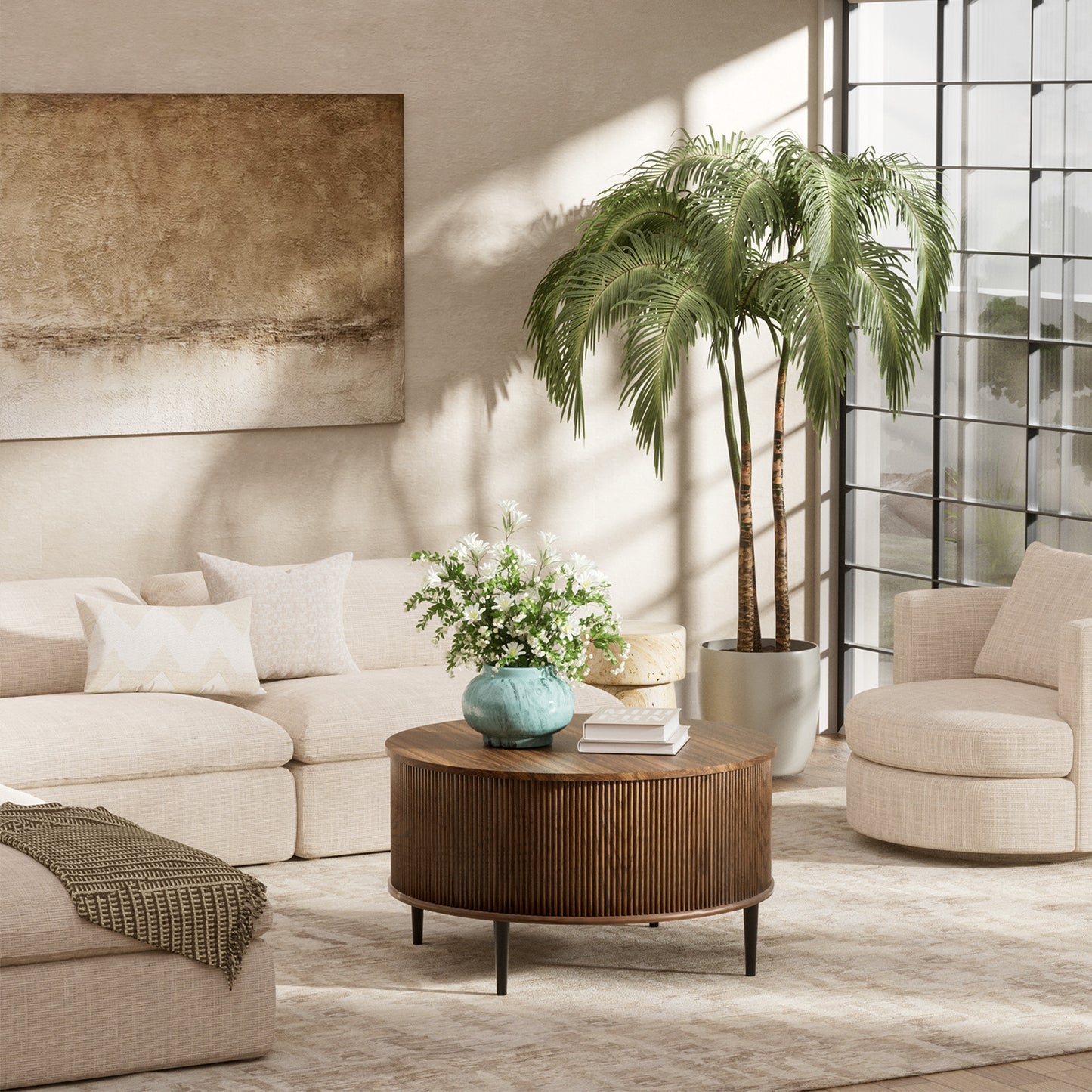 Brafabhome Round Lift Top Coffee Table with Storage, 31.5" Flip-top Fluted Cocktail Table, Mid-Century Modern Center Table for Living Room