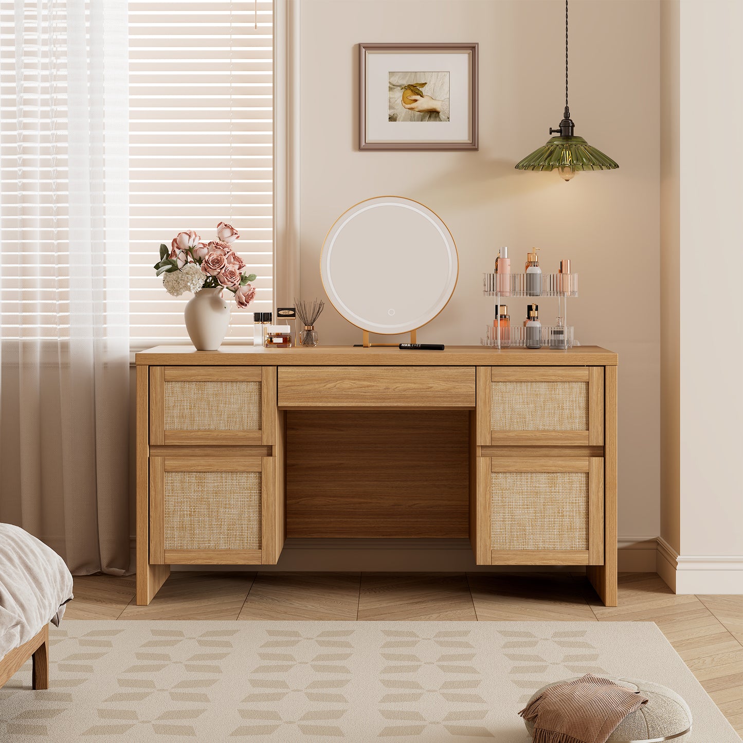 Brafabhome 57" Rattan Executive Desk with 5 Storage Drawers, Modern Study Writing Table Wooden Computer Desks with Charging Station for Home Office Bedroom