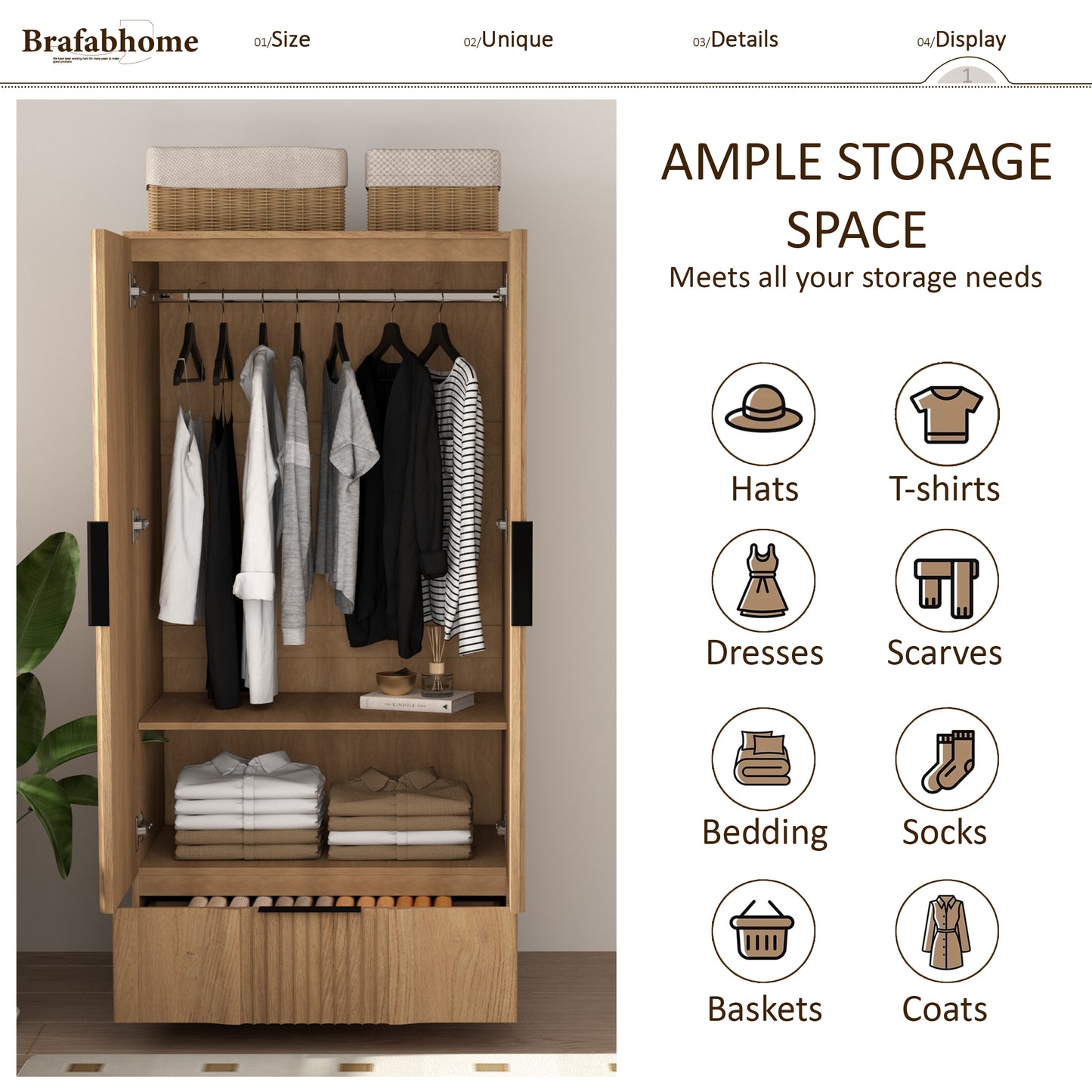 Brafabhome 64" Fluted Armoire Wardrobe Closet with Drawer, Wooden Fluted Doors Wardrobe Cabinet with Adjustable Shelf for Bedroom