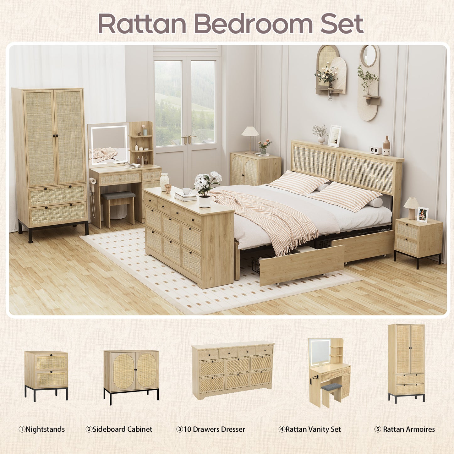 Brafabhome Rattan Bed Frames with Headboard, Wood Platform Bed Frame with 4 Storage Drawers, Mattress Foundation Noise-Free | Beige