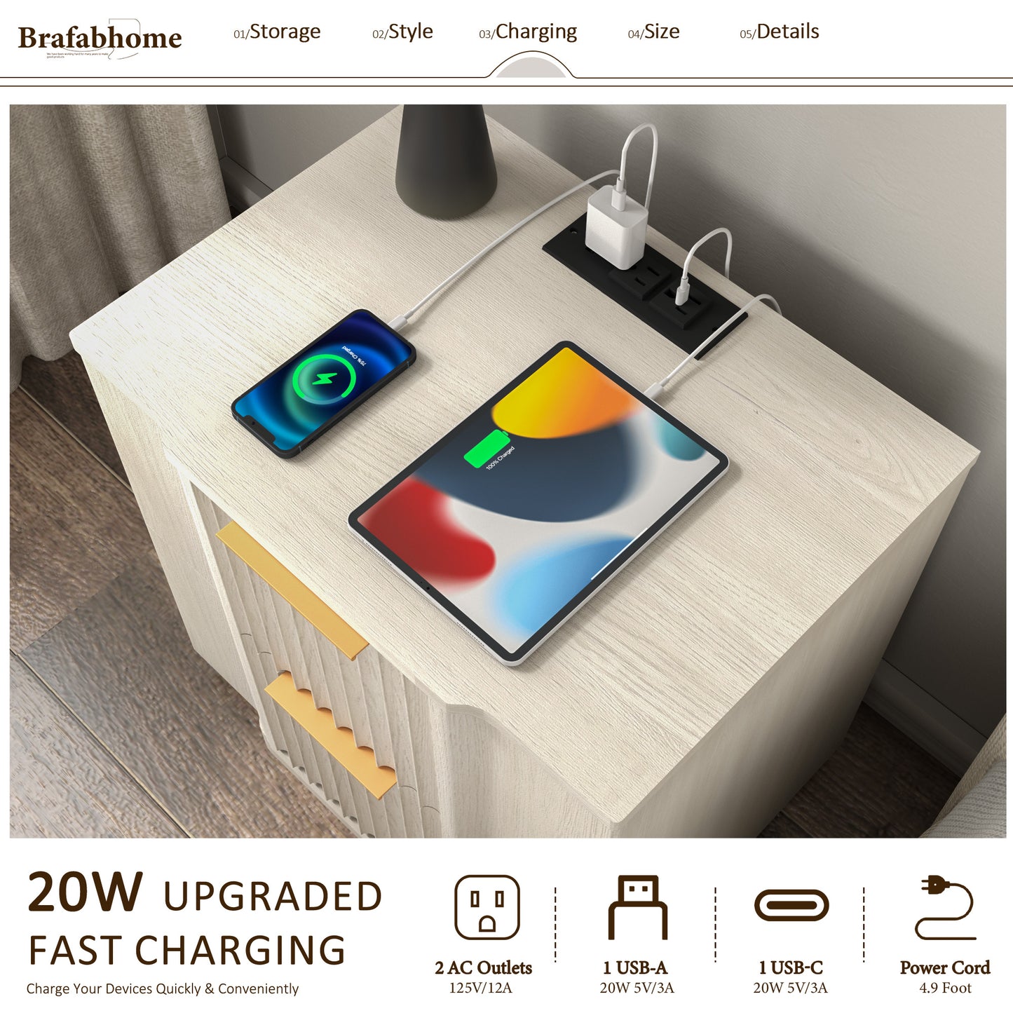 rafabhome Curved Profile Fluted Nightstand with Charging Station, Modern Large Nightstands with Drawer, Wood Bedside Table with Open Shelf for Bedroom Living Room Home Office