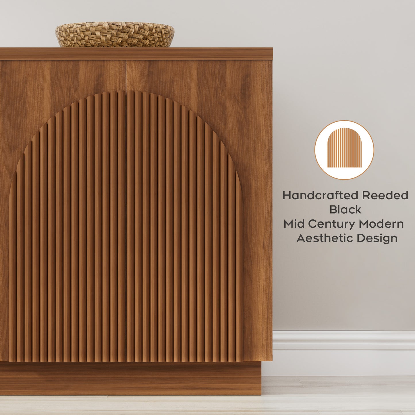 Brafabhome 67" Fluted Sideboard Buffet Cabinet with 3 Drawers, Modern Credenza Storage Cabinet with Arched Reeded Design Doors & Adjustable Shelves