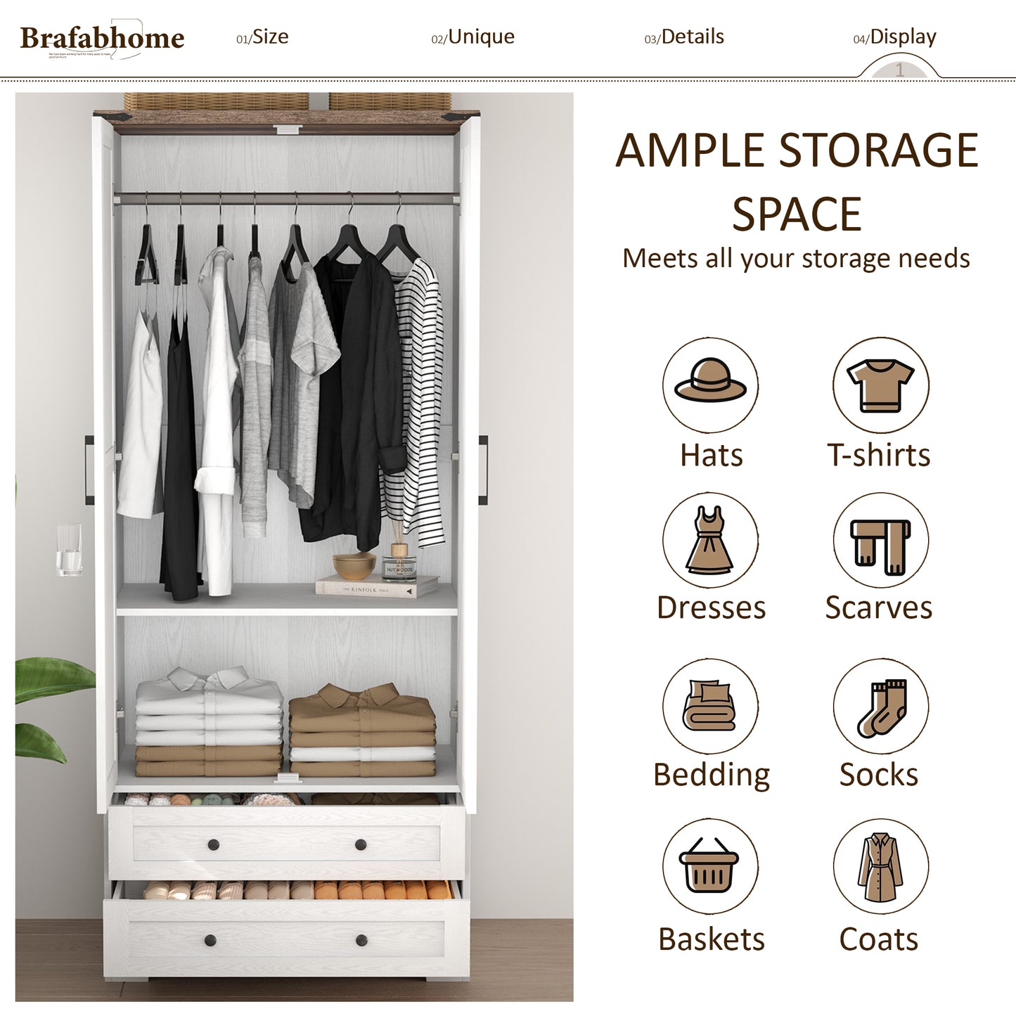 Brafabhome Farmhouse Wood Armoire Wardrobe Closet with 2 Doors, 71" Tall Freestanding Wardrobe Clothes Cabinet with Drawers and Hanging Rod for Bedroom