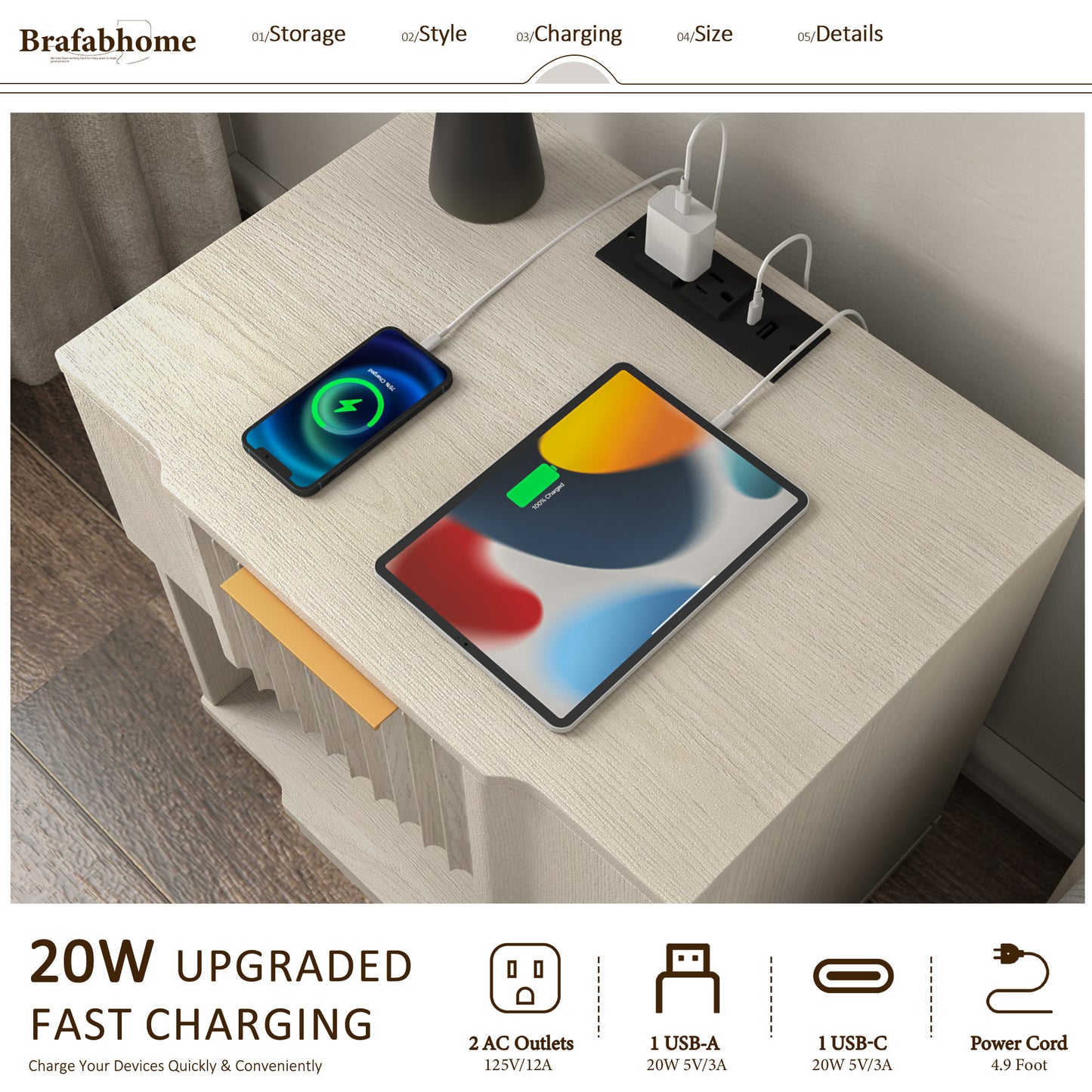 rafabhome Curved Profile Fluted Nightstand with Charging Station, Modern Large Nightstands with Drawer, Wood Bedside Table with Open Shelf for Bedroom Living Room Home Office