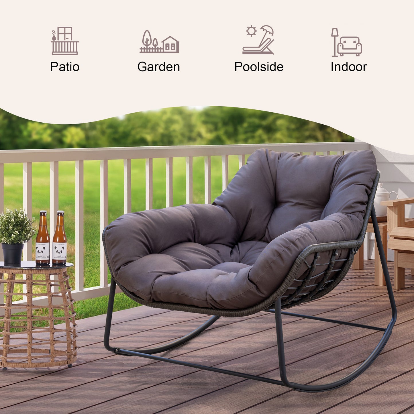 Brafabhome Oversized Patio Rocking Egg Chair with Cushion, 350lbs Heavy Duty Outdoor Rocking Chair, Comfy Recliner for Balcony, Porch, Backyard or Indoor Seating | Grey
