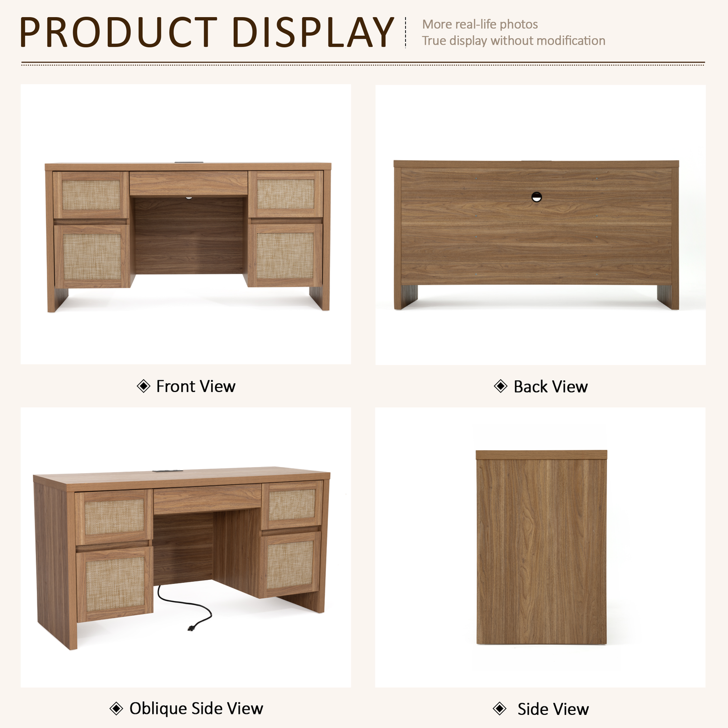 Brafabhome 57" Rattan Executive Desk with 5 Storage Drawers, Modern Study Writing Table Wooden Computer Desks with Charging Station for Home Office Bedroom