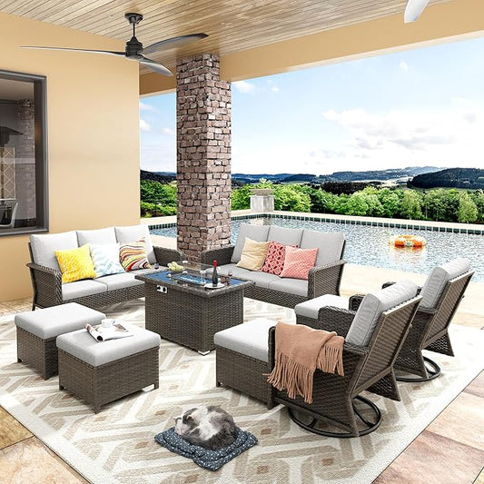 9 Seats Beige Patio Outdoor Conversation Sofa Set with Swivel Chair