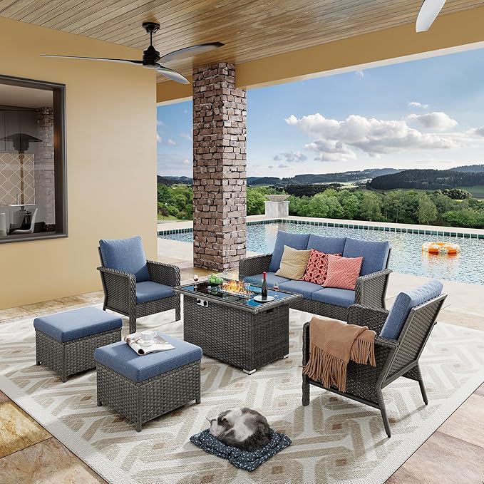 7 Seats Blue Patio Outdoor Conversation Sofa Set