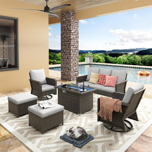 7 Seats Beige Patio Outdoor Conversation Sofa Set with Swivel Chair