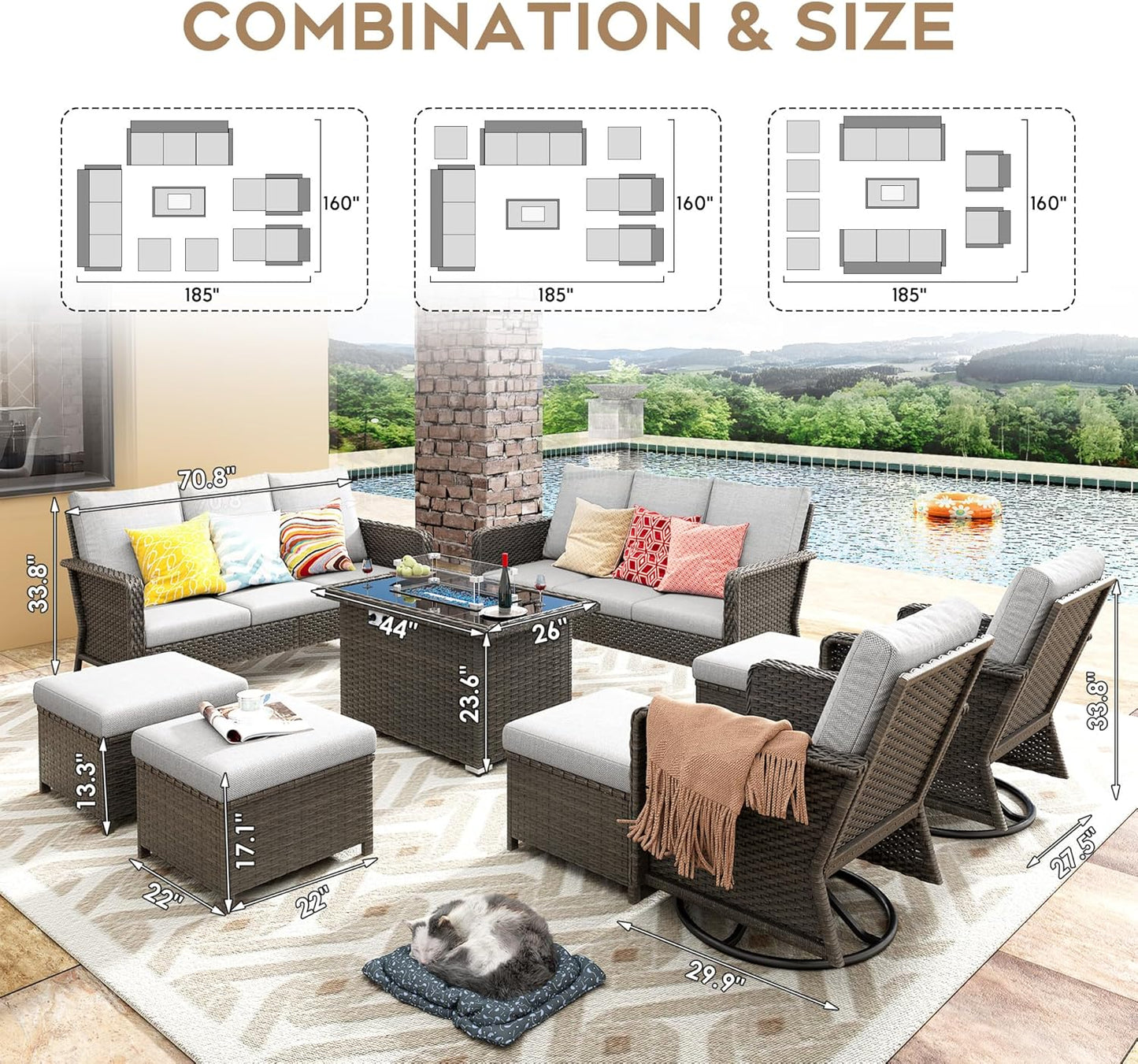 9 Seats Beige Patio Outdoor Conversation Sofa Set with Swivel Chair