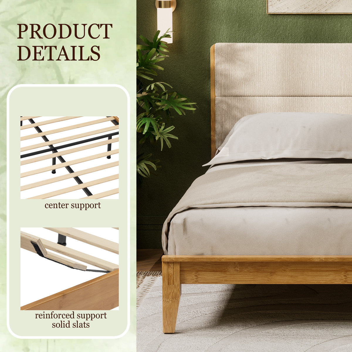 Brafabhome Bed Frame with Upholstered Headboard, Joinery Bamboo Wood Platform Bed with Noise Free Wood Slats, No Box Spring Needed, Easy Assembly