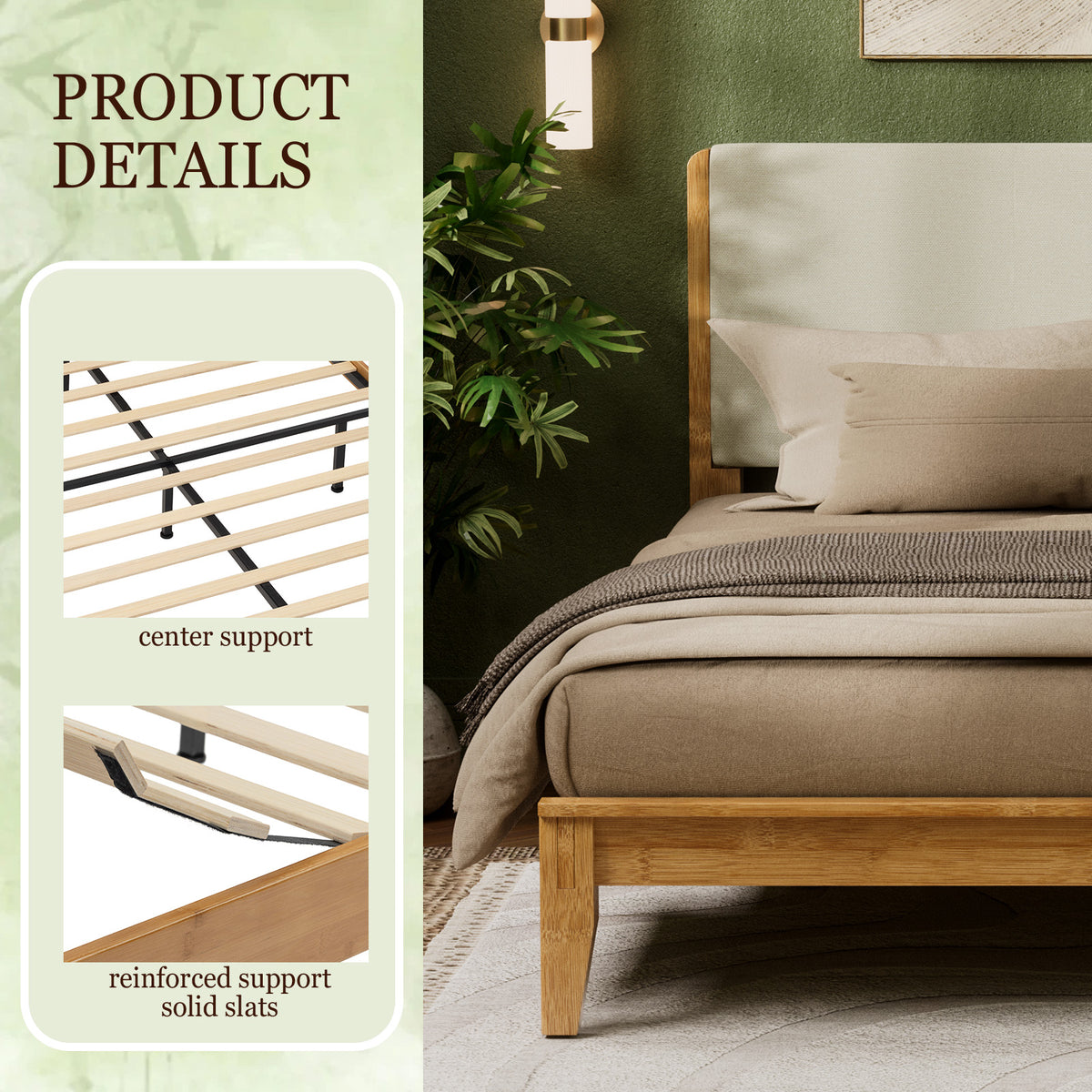 Brafabhome Bed Frame with Upholstered Headboard, Joinery Bamboo Wood Platform Bed with Noise Free Wood Slats, Easy Assembly, No Box Spring Needed