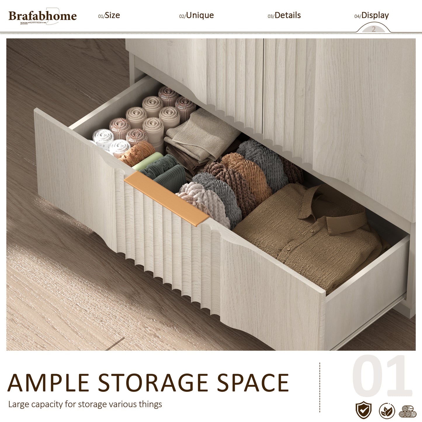 Brafabhome 64" Fluted Armoire Wardrobe Closet with Drawer, Wooden Fluted Doors Wardrobe Cabinet with Adjustable Shelf for Bedroom