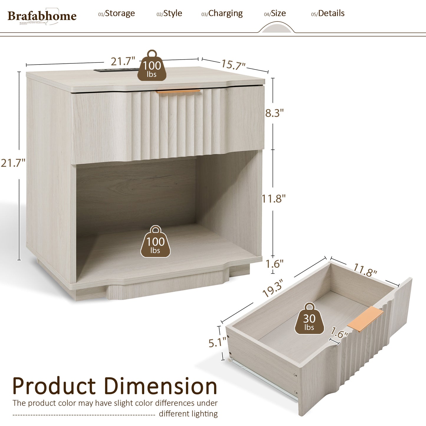 rafabhome Curved Profile Fluted Nightstand with Charging Station, Modern Large Nightstands with Drawer, Wood Bedside Table with Open Shelf for Bedroom Living Room Home Office