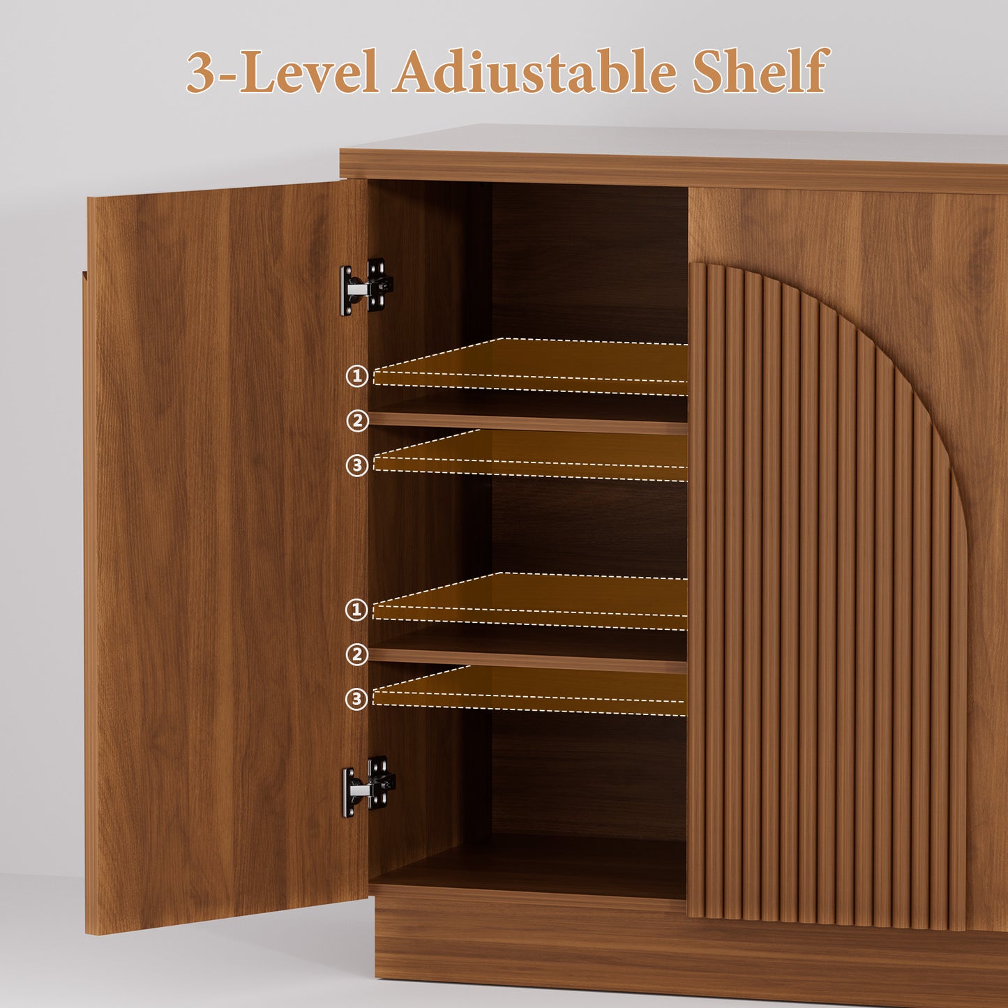 Brafabhome 67" Fluted Sideboard Buffet Cabinet with 3 Drawers, Modern Credenza Storage Cabinet with Arched Reeded Design Doors & Adjustable Shelves