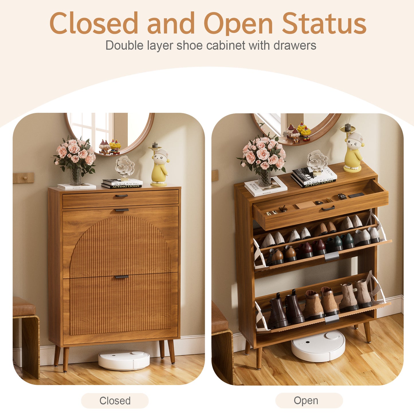 Brafabhome Shoe Storage Cabinet with Arched Wavy Flip Drawers, Walnut Freestanding Shoe Rack Slim Entryway Shoe Organizer with Adjustable Shelf, 12 Pairs