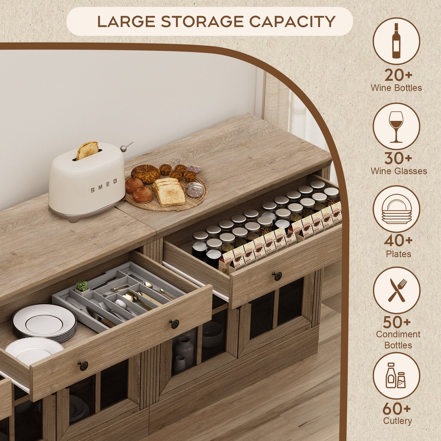 Brafabhome 31.5"W Sideboard Cabinet with Drawer & Glass Doors, Farmhouse Buffet Storage Credenza with Adjustable Shelf, Modern Coffee Bar Console for Living Room Dining Room | Light Oak