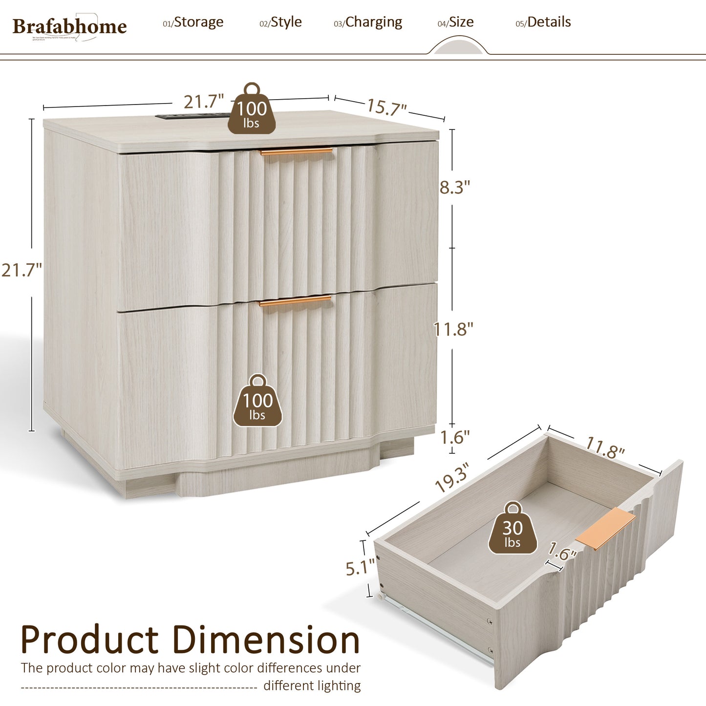 rafabhome Curved Profile Fluted Nightstand with Charging Station, Modern Large Nightstands with Drawer, Wood Bedside Table with Open Shelf for Bedroom Living Room Home Office