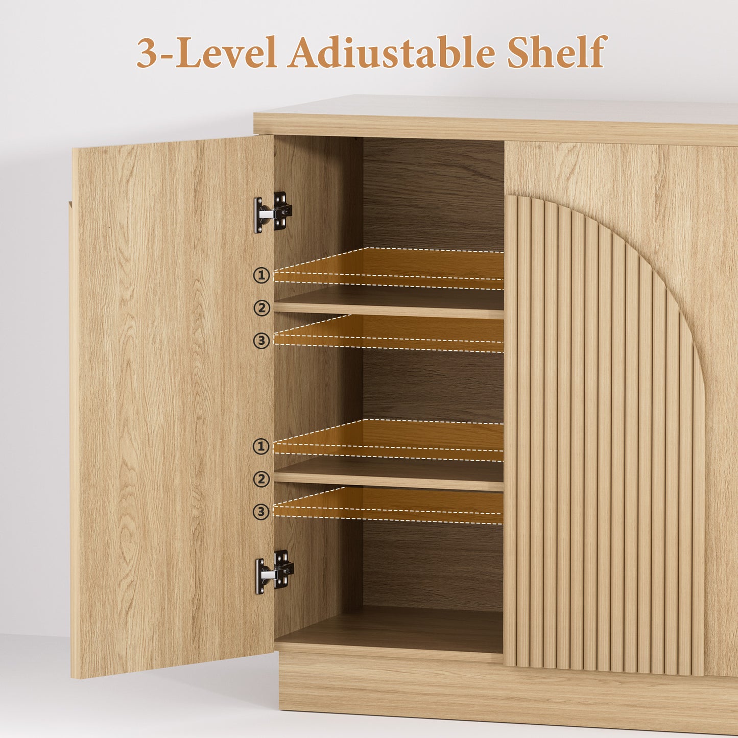 Brafabhome 67" Fluted Sideboard Buffet Cabinet with 3 Drawers, Modern Credenza Storage Cabinet with Arched Reeded Design Doors & Adjustable Shelves
