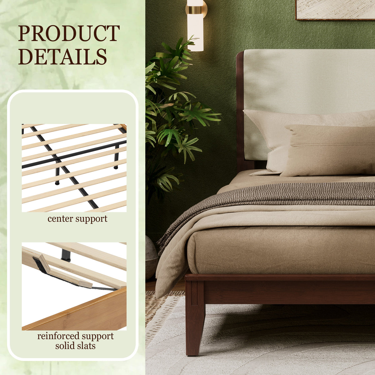 Brafabhome Bed Frame with Upholstered Headboard, Joinery Bamboo Wood Platform Bed with Noise Free Wood Slats, Easy Assembly, No Box Spring Needed