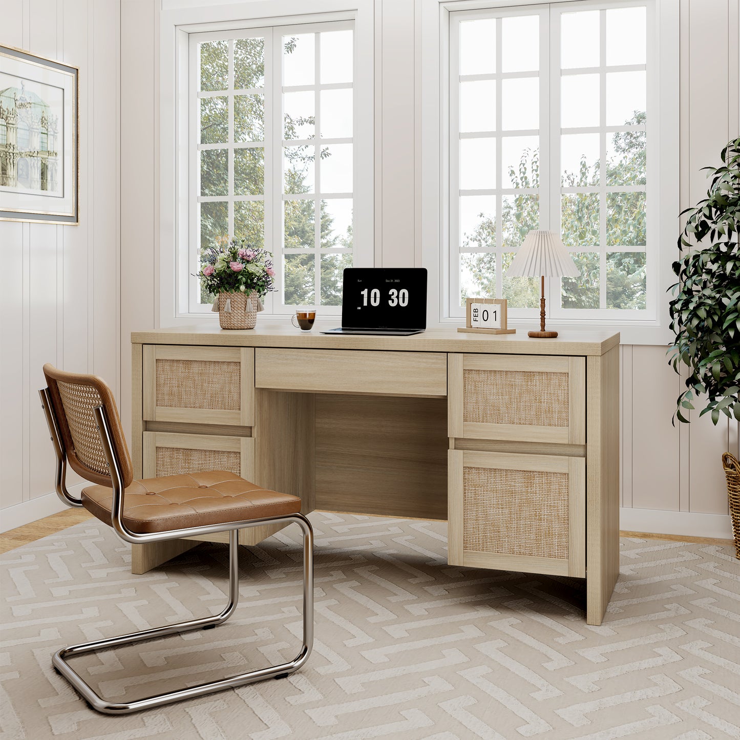 Brafabhome 57" Rattan Executive Desk with 5 Storage Drawers, Modern Study Writing Table Wooden Computer Desks with Charging Station for Home Office Bedroom