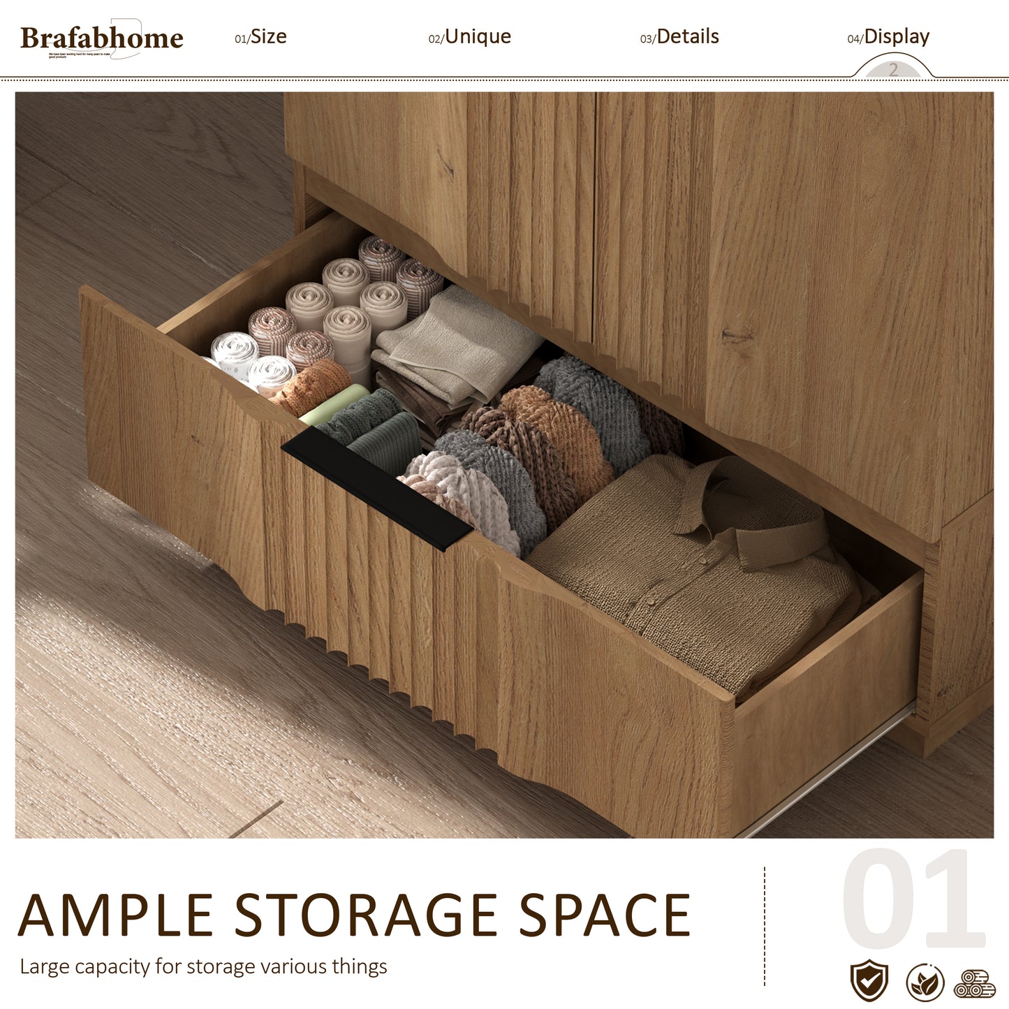 Brafabhome 64" Fluted Armoire Wardrobe Closet with Drawer, Wooden Fluted Doors Wardrobe Cabinet with Adjustable Shelf for Bedroom