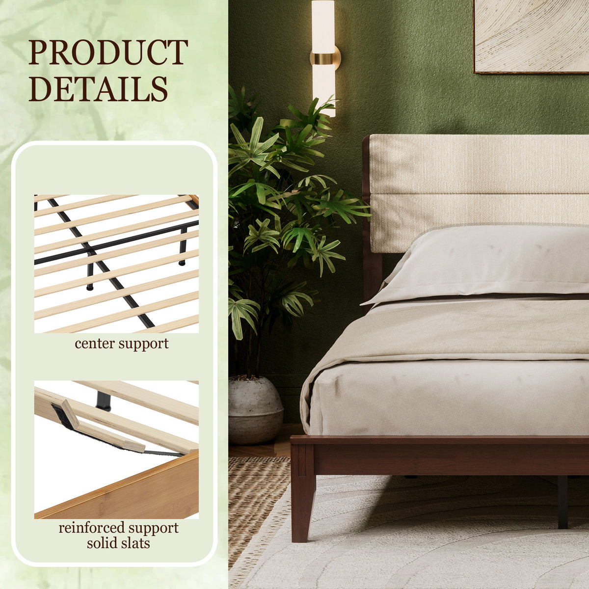 Brafabhome Bed Frame with Upholstered Headboard, Joinery Bamboo Wood Platform Bed with Noise Free Wood Slats, No Box Spring Needed, Easy Assembly
