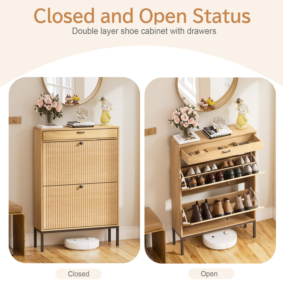 Brafabhome Shoe Storage Cabinet Slim Entryway Shoe Organizer with Half linear Circle Doors