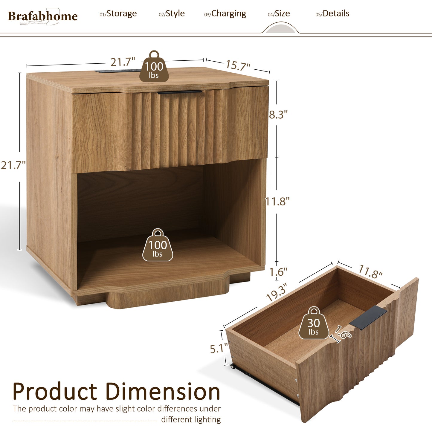 rafabhome Curved Profile Fluted Nightstand with Charging Station, Modern Large Nightstands with Drawer, Wood Bedside Table with Open Shelf for Bedroom Living Room Home Office