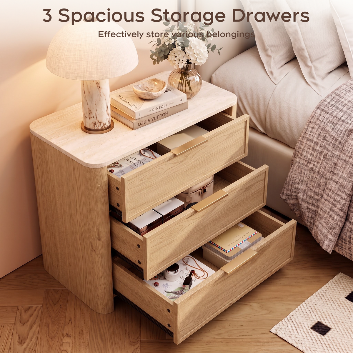 Brafabhome 23'' W Modern Nightstand with 3 Large Drawers, Elegant Marble Top Bedside Table with Soft Curved Edges, suitable for Bedroom or Living Room