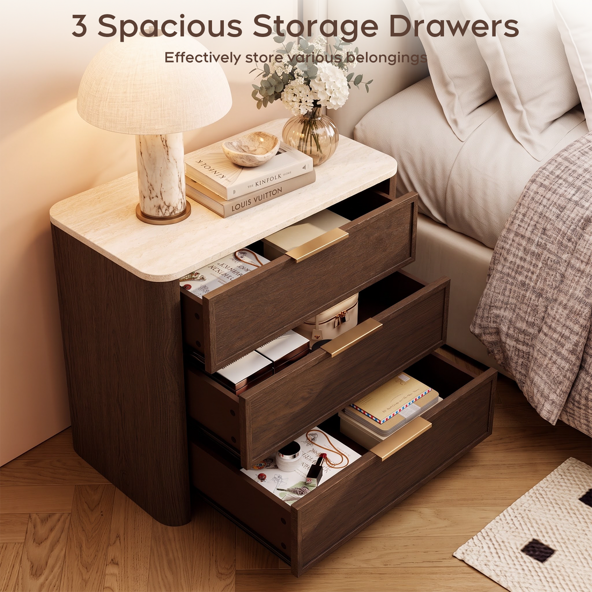 Brafabhome 23'' W Modern Nightstand with 3 Large Drawers, Elegant Marble Top Bedside Table with Soft Curved Edges, suitable for Bedroom or Living Room